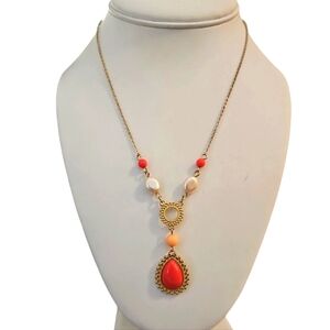 Avon Faux Pearls Orange Acrylic Beads Teardrop Pendant 16” Gold Tone Necklace